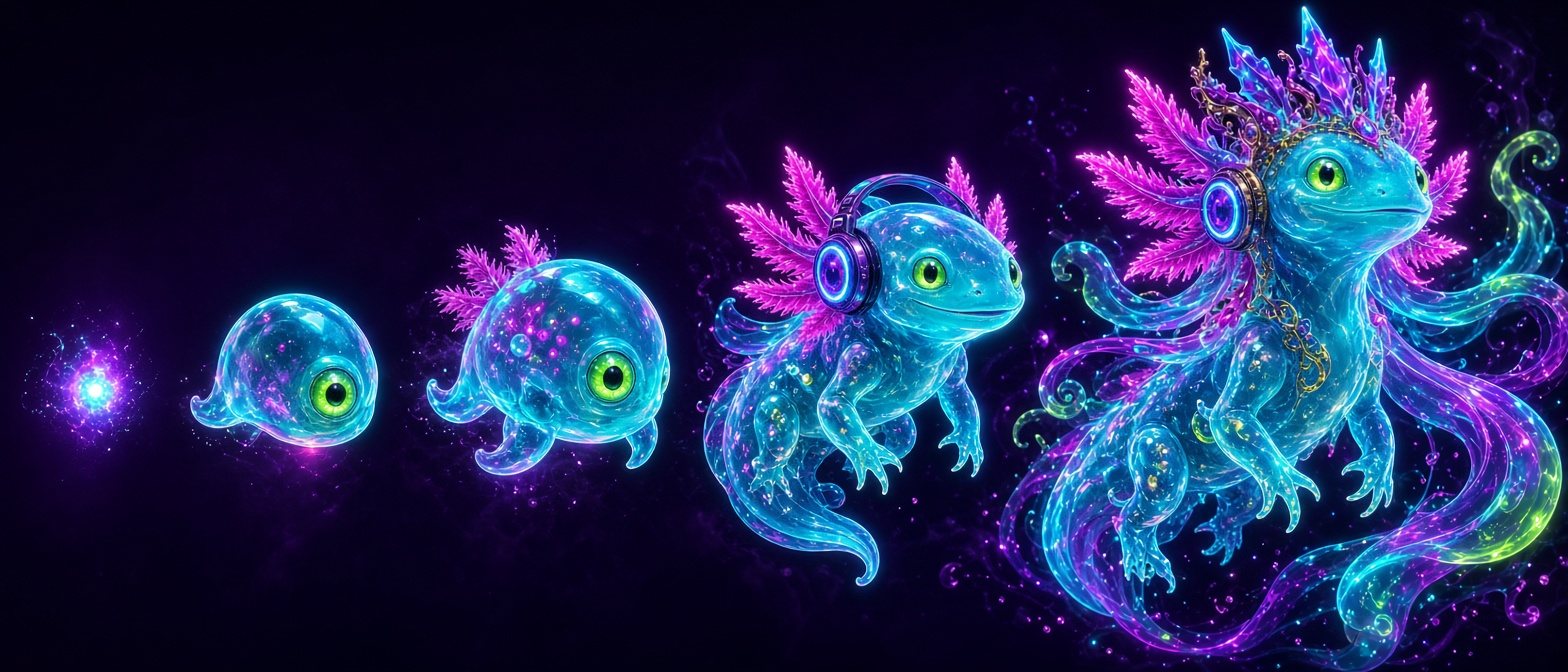 A creature growing through five stages, from a spark to a crowned legend