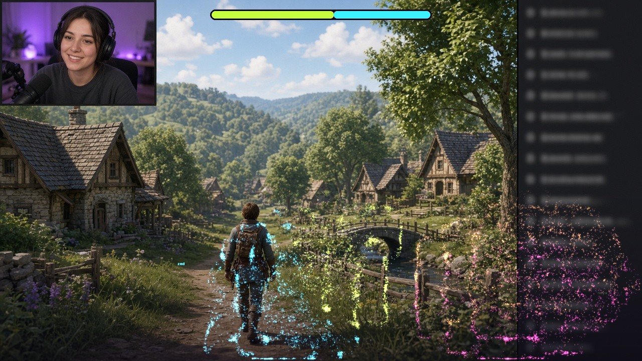 The stand as a glowing band along the bottom of a live stream, gameplay and webcam still readable